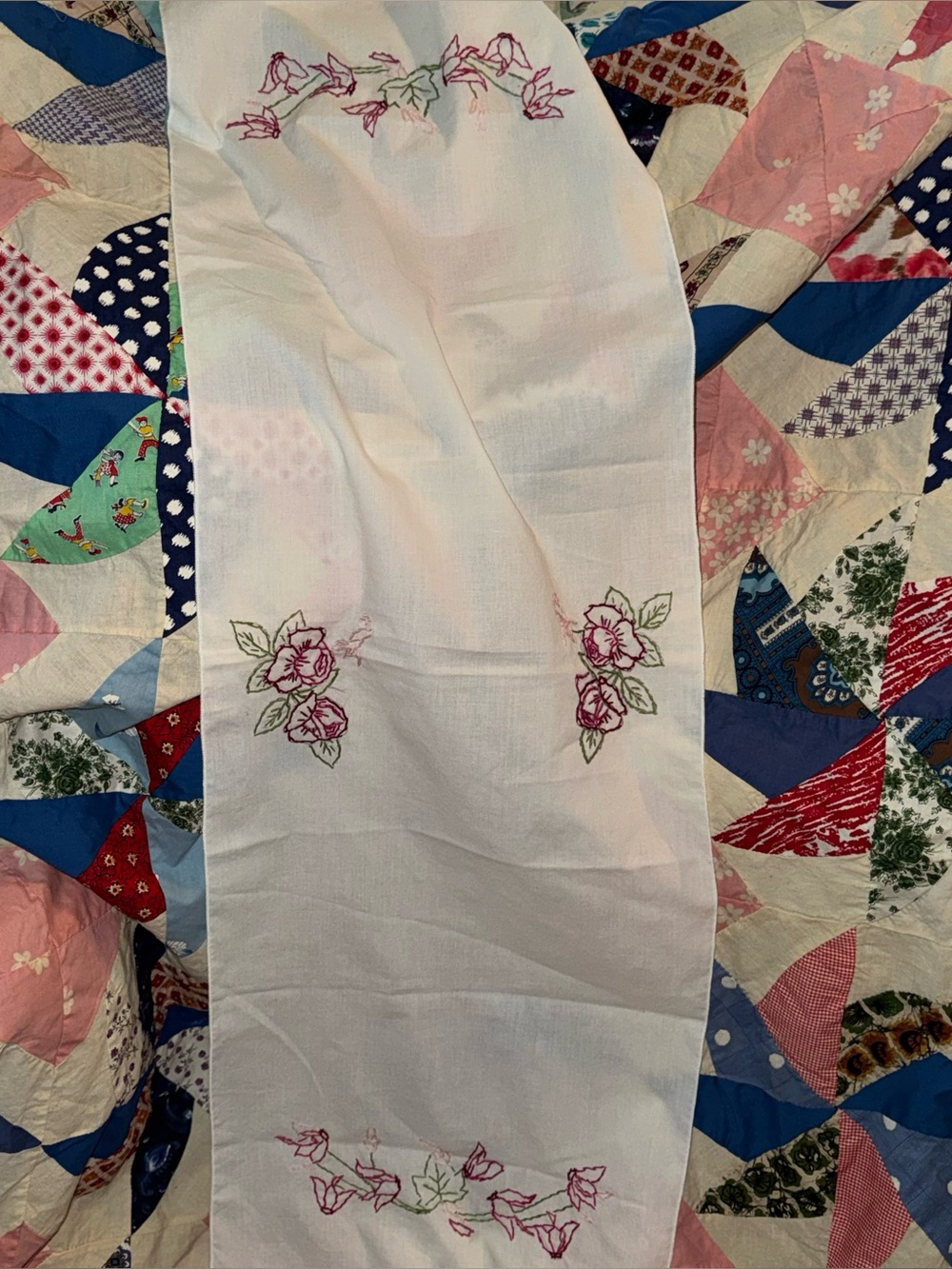 Embroidered Floral White Linen Table Runner/Dresser Scarf with Pink Roses